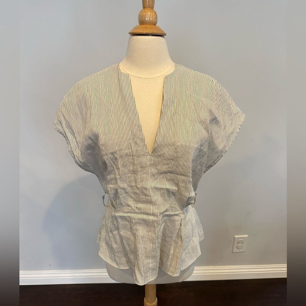Vince Stripe Linen Blend Women's V Neck Blouse Size Medium